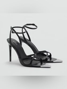 Mango Capsule Black Strappy Stiletto Sandals with Silver Pointed Toe